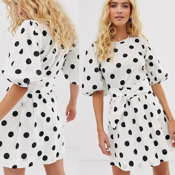 & Other Stories Dresses & Skirts - & OTHER STORIES Belted Polka Dot Puff Sleeve Dress